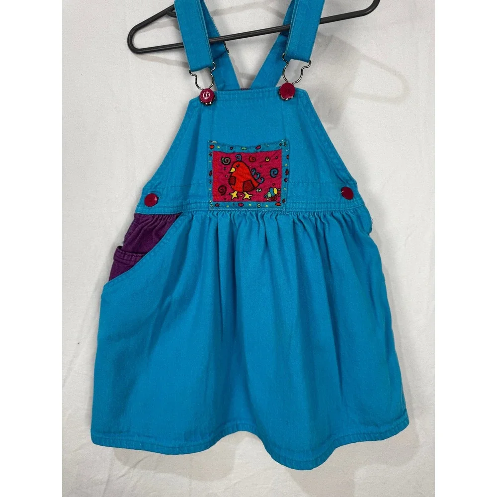 OshKosh B'gosh Vintage 90s Blue Purple Overall Dress Bird Patch Girls Size 5 USA